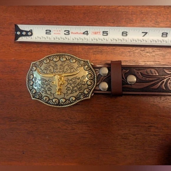 Western cowgirl/ cowboy longhorn buckle leather embossed belt womens or … main image 5